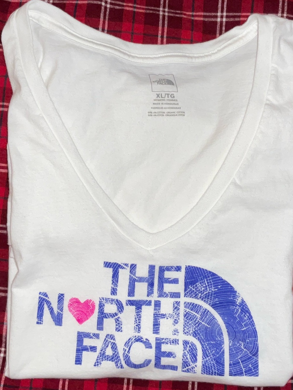 The North Face White V-Neck Tee with Purple Logo and Pink Heart - Picture 3 of 5